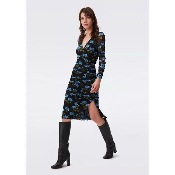 DVF Diane Von Furstenberg Rochelle Floral Long Sleeve Mesh Midi Dress - Picture 3 of 8